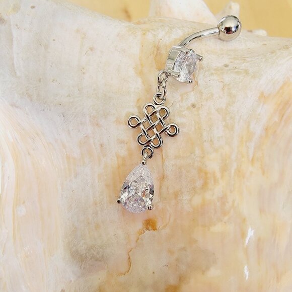 14G dangle belly button ring with decorative celtic shape charm in clear CZ - Picture 4 of 5